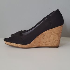 Toms Black Stella Open Peep Toe Cork Wedges 8M
